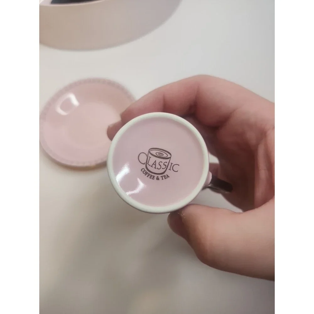 Classic Coffee & Tea Brand Set of 6 Small Cups And Saucers Pink With Silver NIB